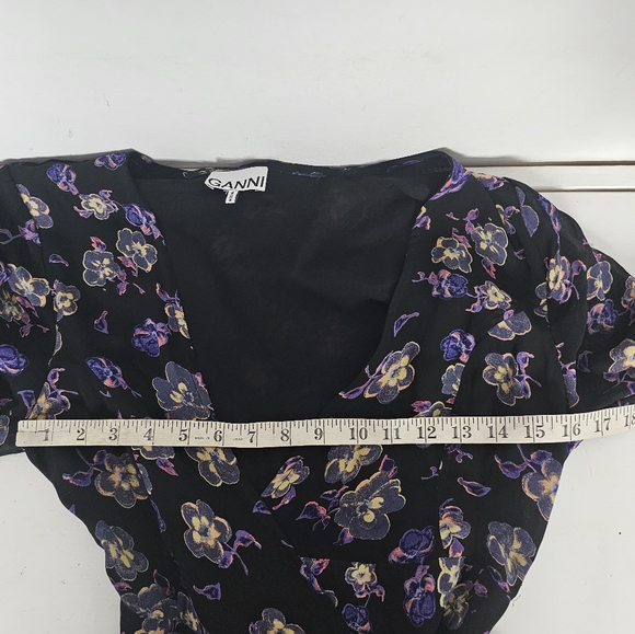 Ganni Georgette Dress Mini Wrap Purple Black Floral Size 38 US 6 - Picture 7 of 9